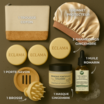 Coffret anti-chute ultime ECLAMA composé d’un masque au gingembre, d’une huile de romarin, de 3 shampoings solides au gingembre, d’une trousse, d’un bonnet protecteur en satin, d’une brosse de massage et d’un porte-savon.
