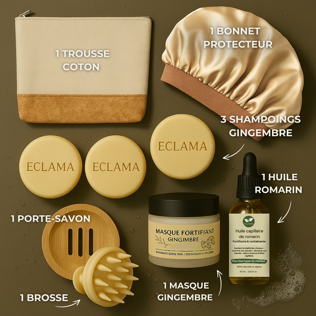 Coffret anti-chute ultime ECLAMA composé d’un masque au gingembre, d’une huile de romarin, de 3 shampoings solides au gingembre, d’une trousse, d’un bonnet protecteur en satin, d’une brosse de massage et d’un porte-savon.