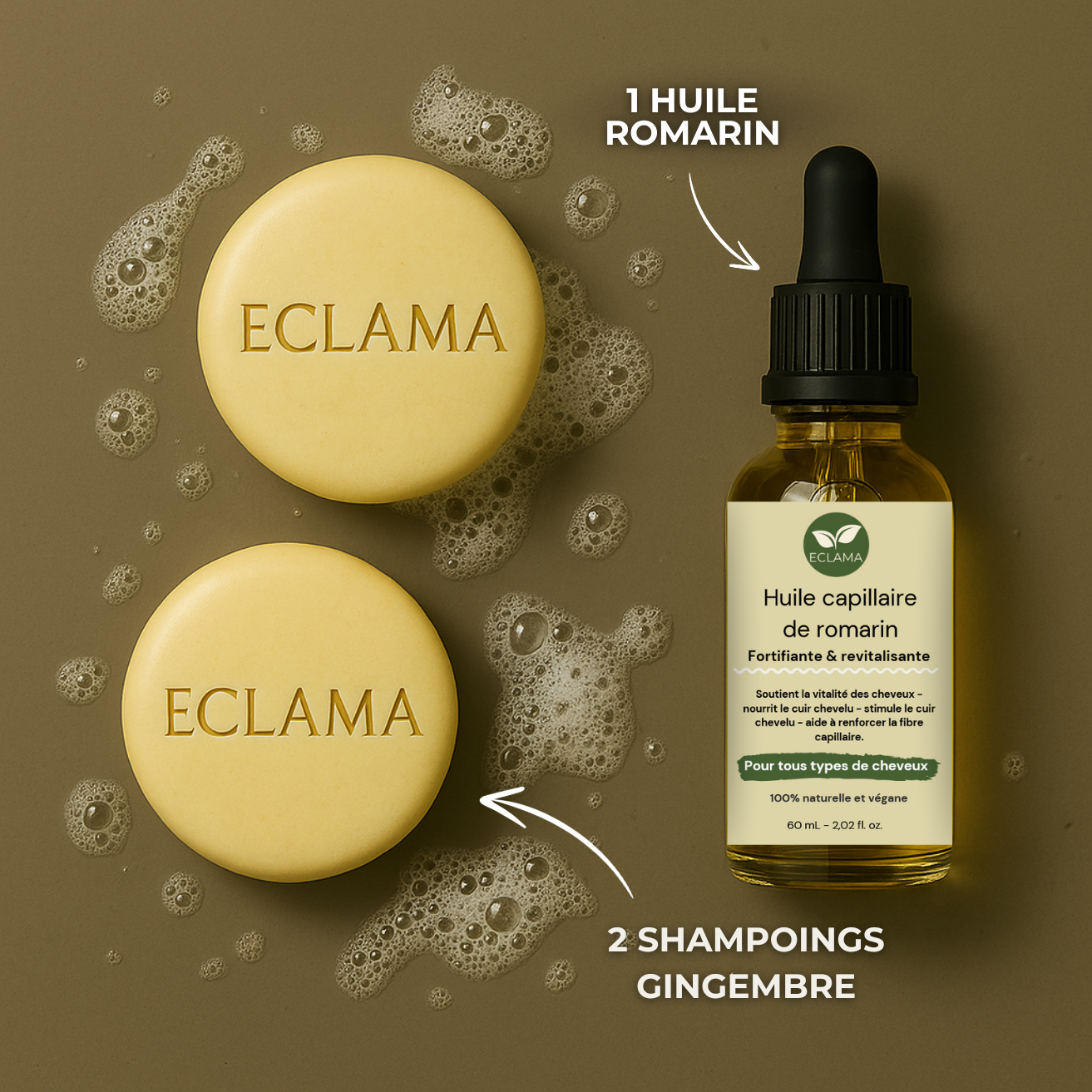 Coffret pousse intense Eclama composé d’une huile capillaire de romarin et de deux shampoings solides au gingembre, pour stimuler la croissance des cheveux, réduire la chute et renforcer les racines naturellement.