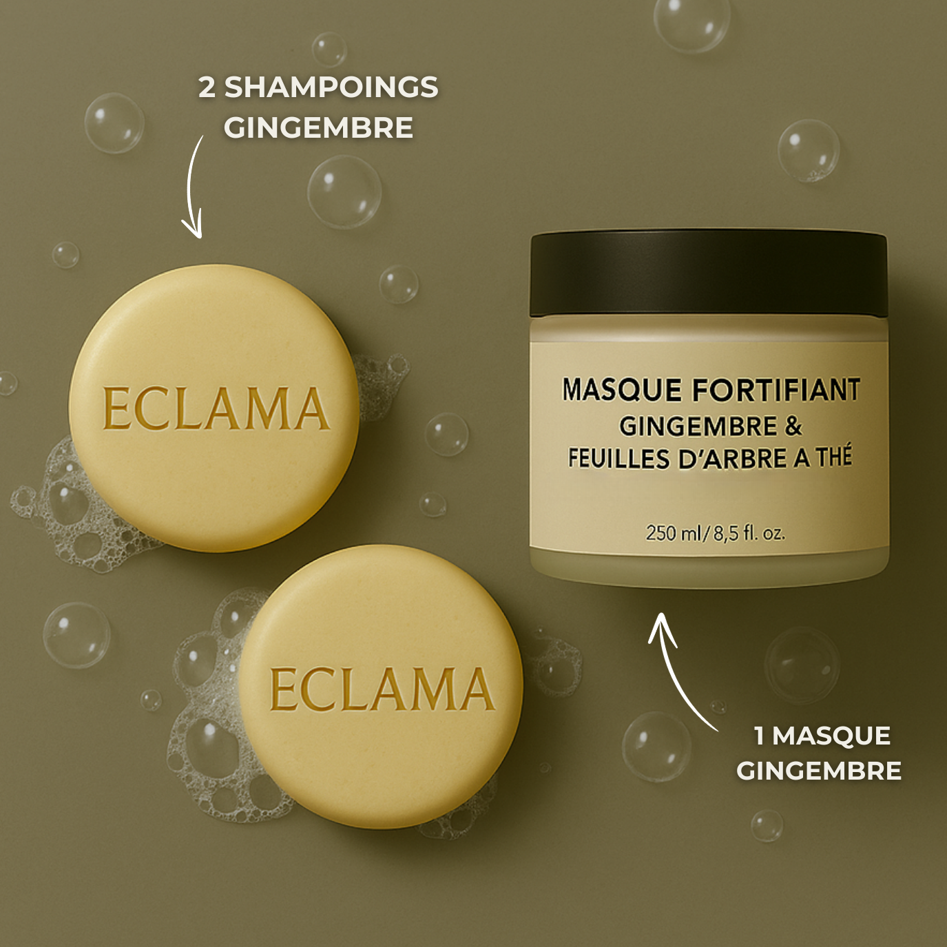 Coffret réparateur & volume composé de 2 shampoings solides au gingembre et 1 masque fortifiant au gingembre et à l'arbre à thé.