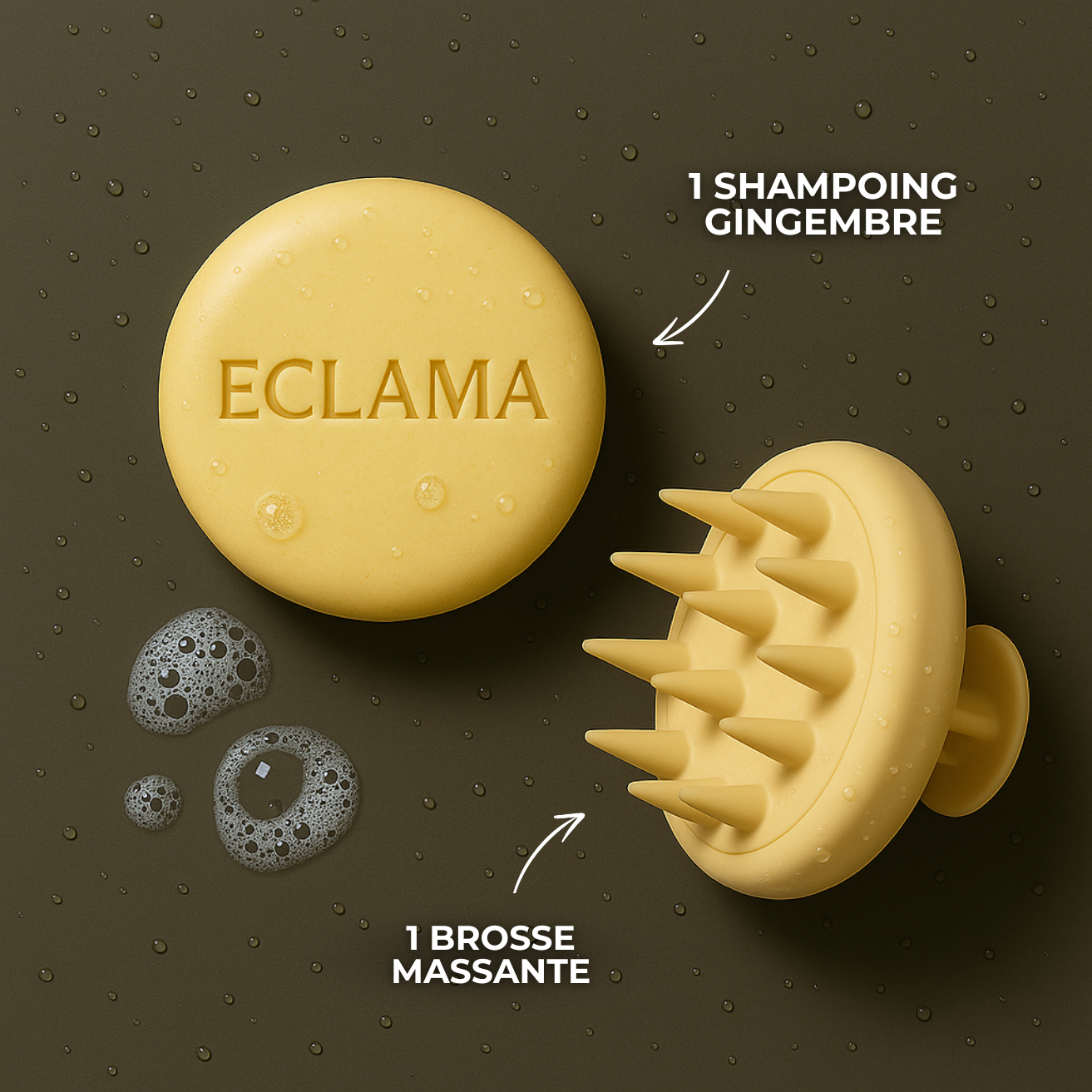 Visuel du pack test ECLAMA comprenant 1 shampoing solide au gingembre et 1 brosse massante. Texte intégré : "1 BROSSE MASSANTE – 1 SHAMPOING GINGEMBRE".